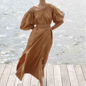 DISSH Kate Tangerine 100% Linen off shoulder maxi dress US size 6